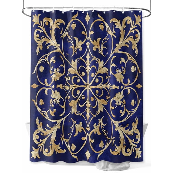 Baroque Floral Shower Curtain, Abstract Floral Retro Rustic Navy Blue Waterproof Shower Curtain Set with 12 Hooks Lightweight Washable Fabric Shower Curtains for Bathroom 36x72 Inches