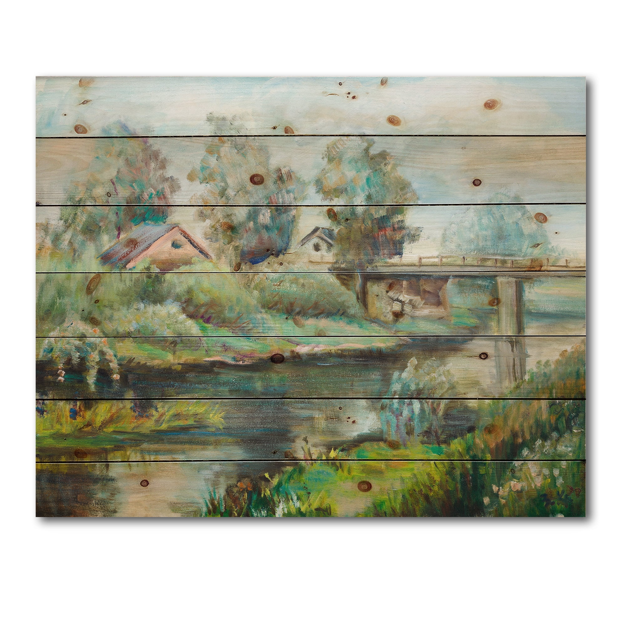 Designart 'Rustic Landscape With Bridge On The River' Lake House Print on Natural Pine Wood