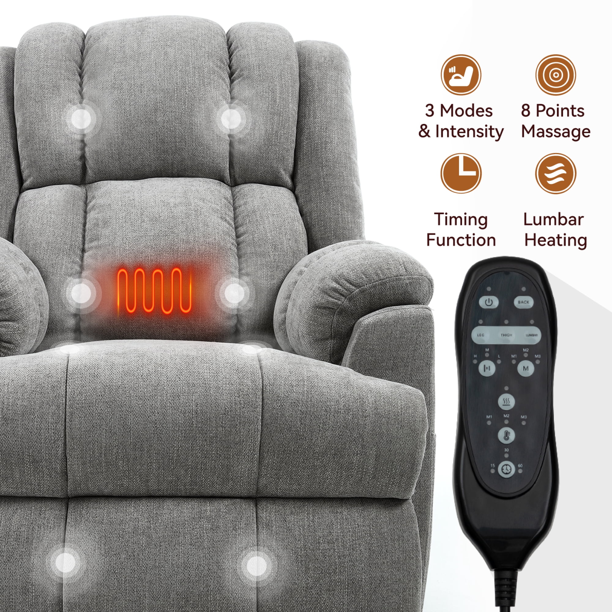 Leumius Large Power Lift Recliner Chair for Elderly,Heavy Duty Dual Motor Chenille Electric Recliners Chair with Massage and Heat for Living Room,Light Gray