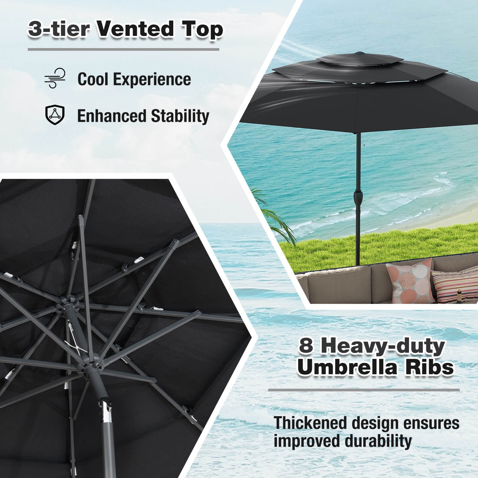 Costway 10 ft 3-tier Vented Patio Umbrella Large Market Table Umbrella Outdoor Sun Shade Black