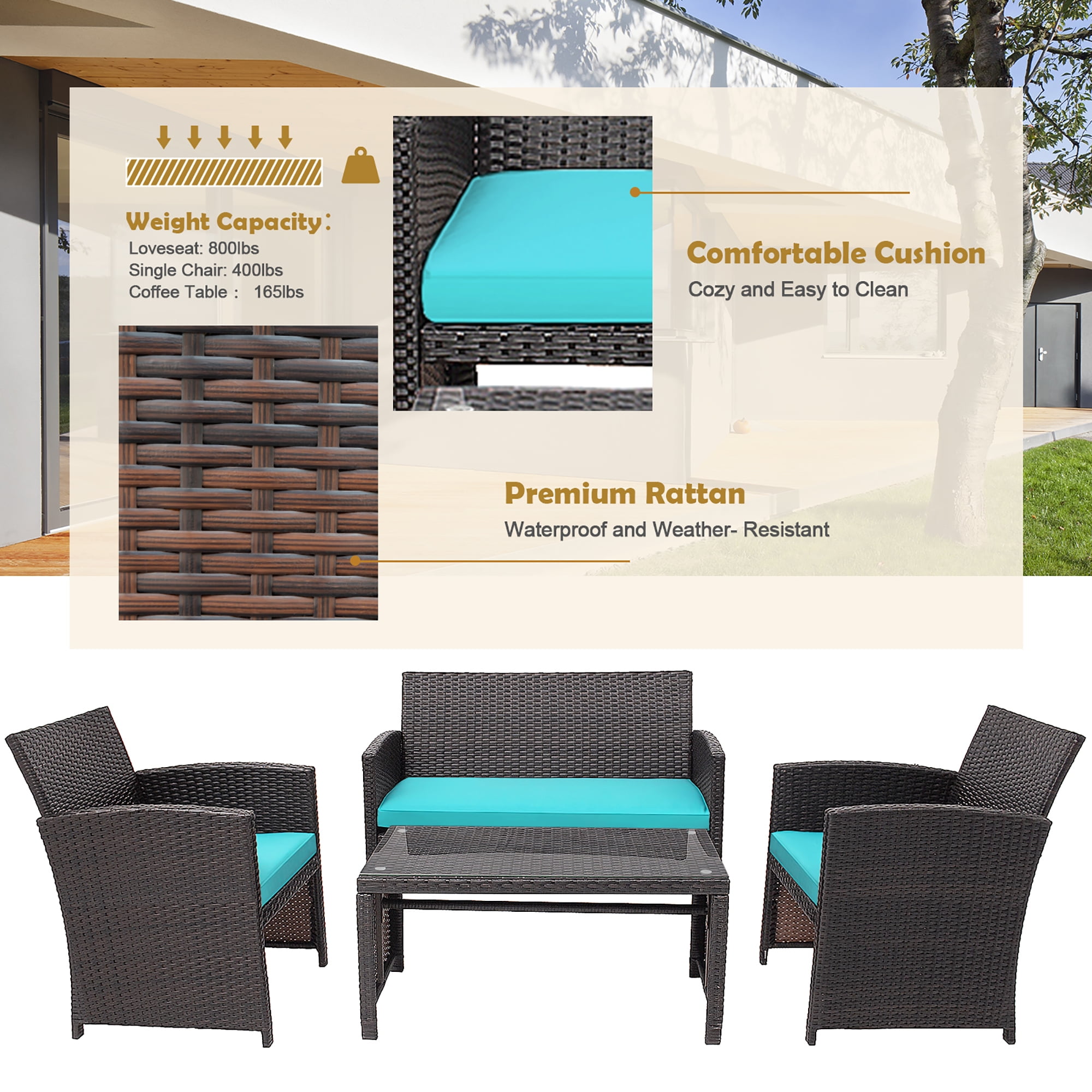 Costway 4PCS Patio Rattan Furniture Set Cushioned Chair Sofa Coffee Table Turquoise