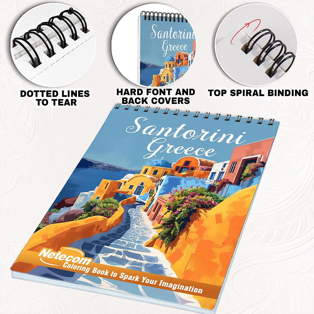 Netecom Santorini Greece Coloring Book for Adults, Spiral Bound, Soft Cover