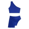 thumbnail image 6 of Yartina Women 2Pcs Shiny Lyrical Dance Outfit One Shoulder Crop Top with Skirt for Stage Performance Blue S, 6 of 7