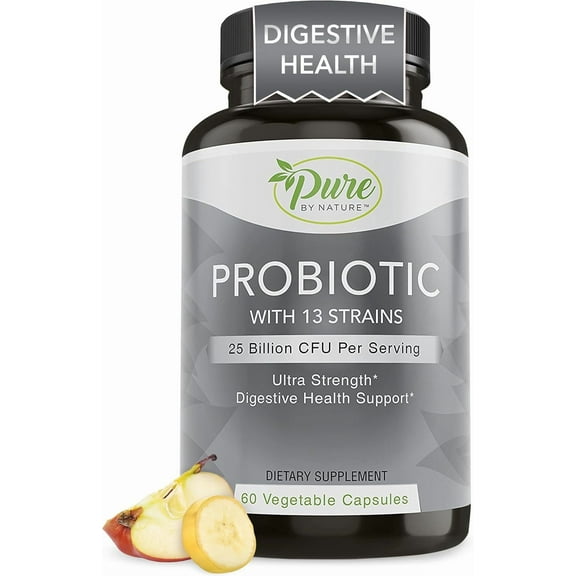 Pure By Nature Probiotics for Women & Men, 13 Strains with 25 Billion CFU, Probiotics for Digestive Health, Gut Health, Immune Support, Bloating & Constipation, Vegan & Shelf-Stable, 60 Capsules