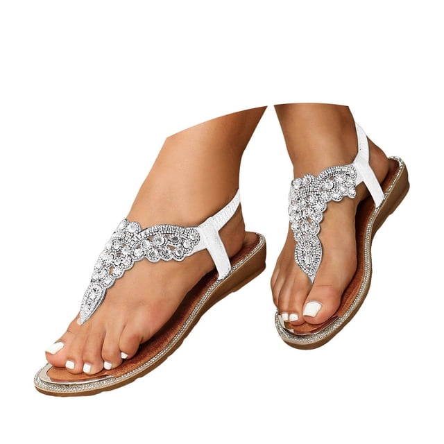 IUJSOY Flip Flops for Women Bohemian Rhinestone Gladiator Sandals Elastic Ankle Strap Flats Shoes