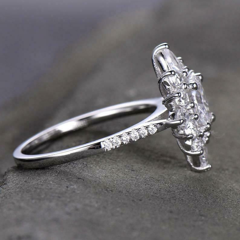HeartsAndYou 2.4ct Engagement Ring for Women Oval Cut Moissanite Sunburst Ballerina 18k White Gold over Silver