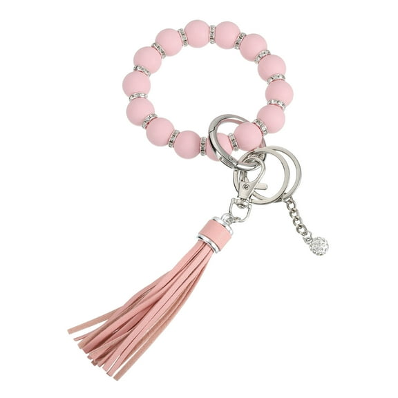 Uxcell Silicone Wristlet Keychain, Cute Beaded Wristlet Keychain Car Key Ring with Leather Tassel for Women, Light Pink