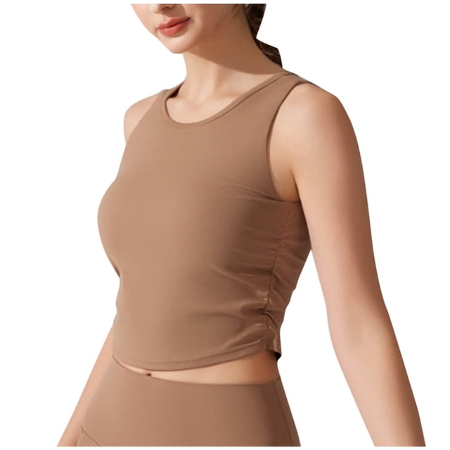 Tumotour Yoga Tops For Womens Casual Ruched Tank Round Neck Workout Fitted Tops Basic Yoga Athletic Solid Color Sports Tops Sleeveless Shirts