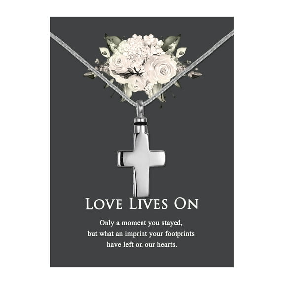 Anavia Cross Cremation Jewelry Stainless Steel Keepsake Memorial Urn Necklace for Human with"Love Lives On" Comfort Card-[Silver]