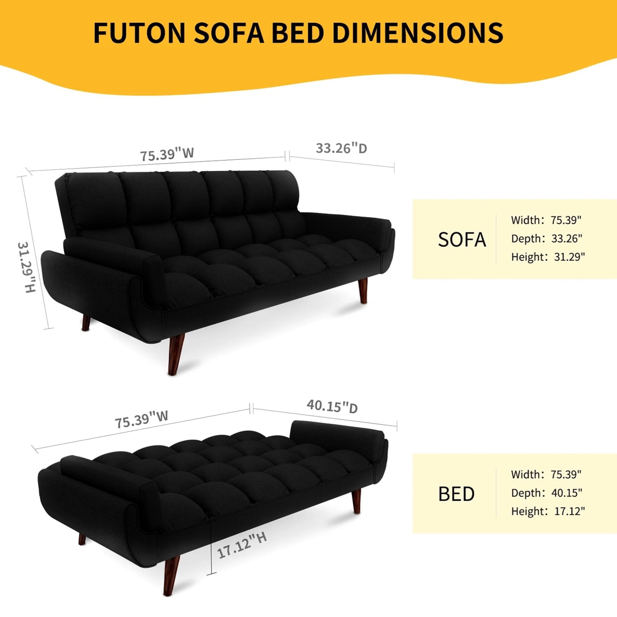 Aukfa 75" Flared Arm Futon Convertible Sofa Bed, Linen Sleeper Couch for Home Office, Black