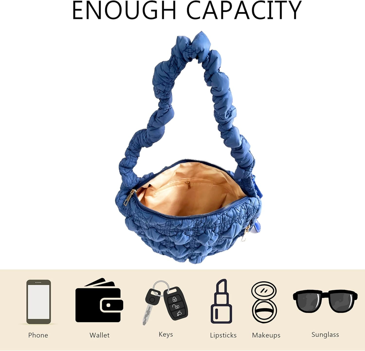 Small Bag,Adjustable Shoulder Strap Puffer Crescent Crossbody Bags Lightweight Hobo Handbag Puff Purse