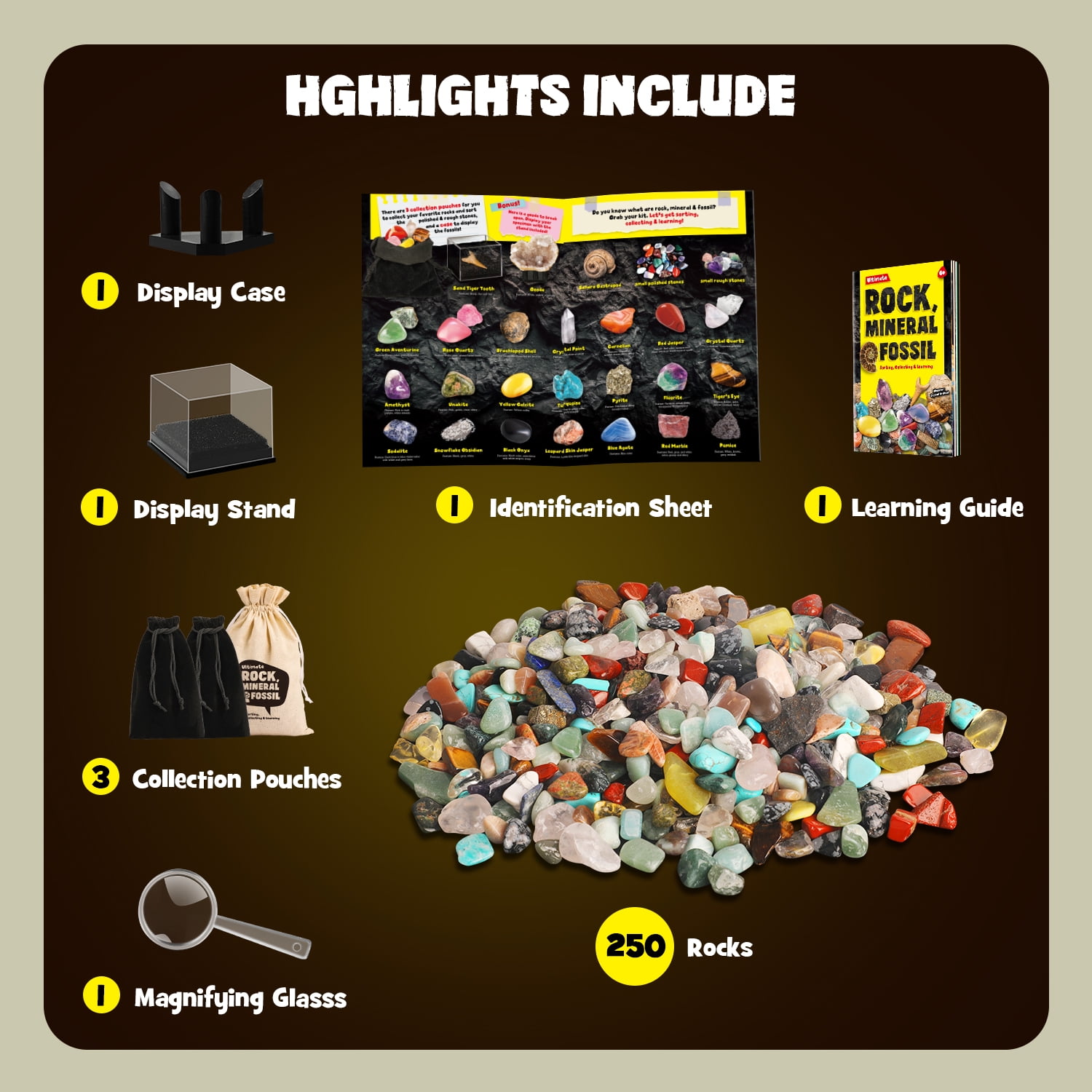 XXTOYS Rocks Collection, 25PCS Rock and Mineral Set for Kids