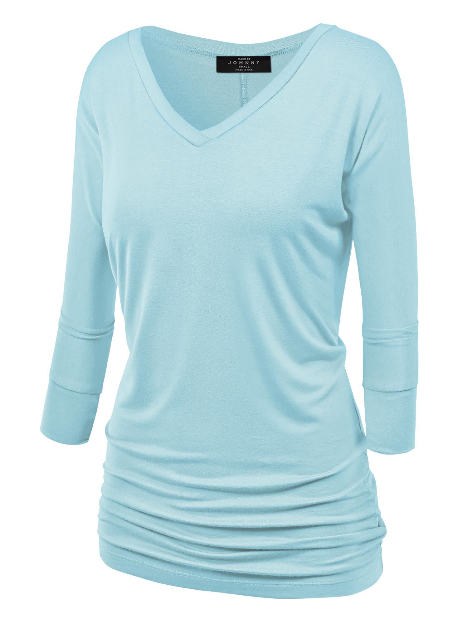 MBJ WT1036 Womens V Neck 3/4 Sleeve Dolman Top with Side Shirring M ...