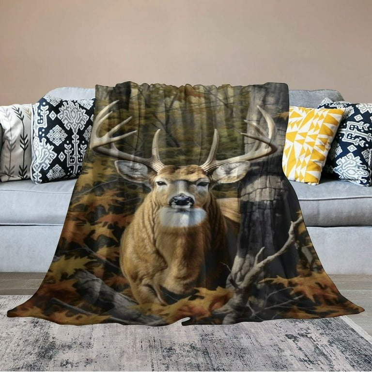 QCPP Camo Buck Deer Blanket for Bed Queen Size Woodland Throw Blanket for Men Women and Kids Super Soft Plush Deer Blanket Throw Queen Size