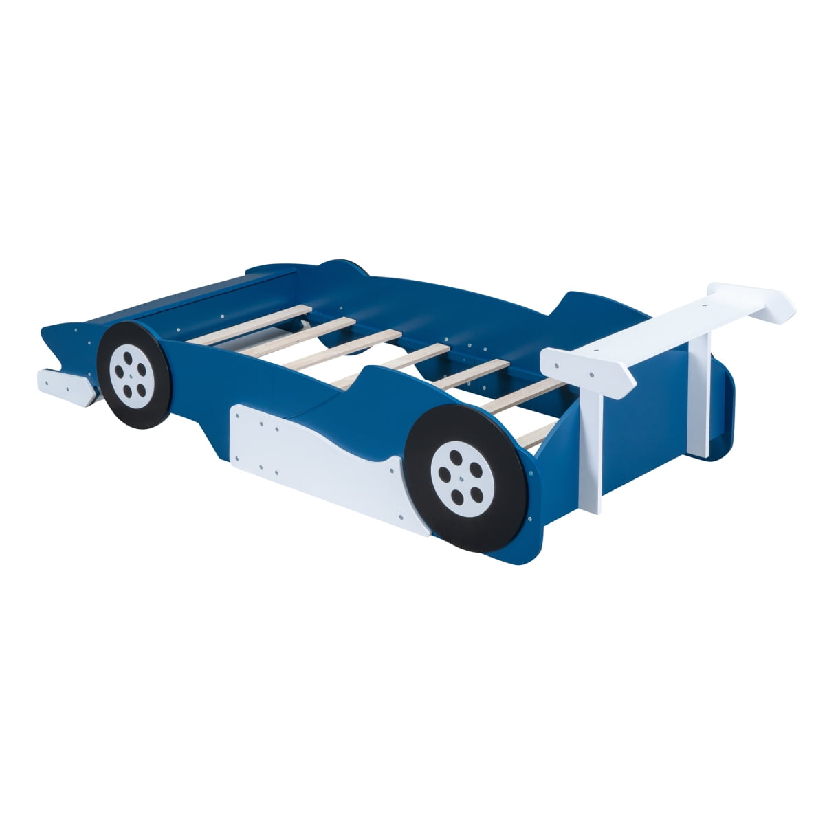 Miekor Furniture Twin Size Race Car-Shaped Platform Bed with Wheels,Blue No5874