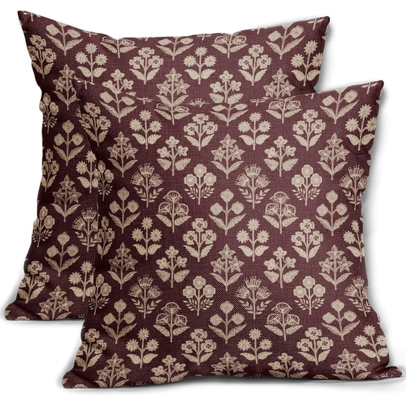 Burgundy Red Floral Block Print Pillow Covers 16x16 Inch Set of 2, Vintage Flower Pattern Decorative Throw Pillowcases Outdoor Farmhouse Cushion Covers Spring Summer Rustic Sofa Couch Bed Decor