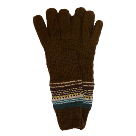 Fownes Womens Long Brown Knit Gloves with Blue & Ivory Stripes