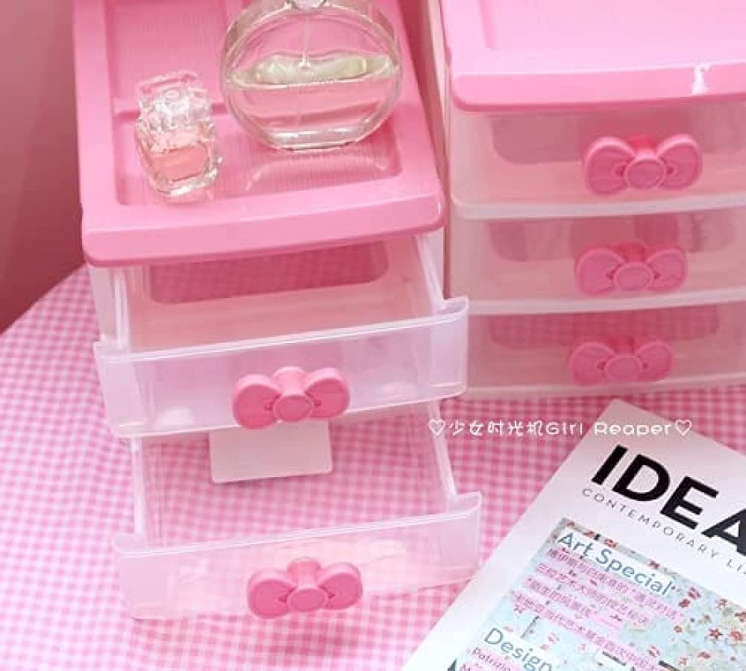 ABCISI Kawaii Desk Organizer, Kawaii Room Accessories Room Decor with Pink Bowknot , Lovely Girls Receiving Storage Cabinets Box, Room Desktop Makeup Organizer With Three-tier Desk (3 Layers)