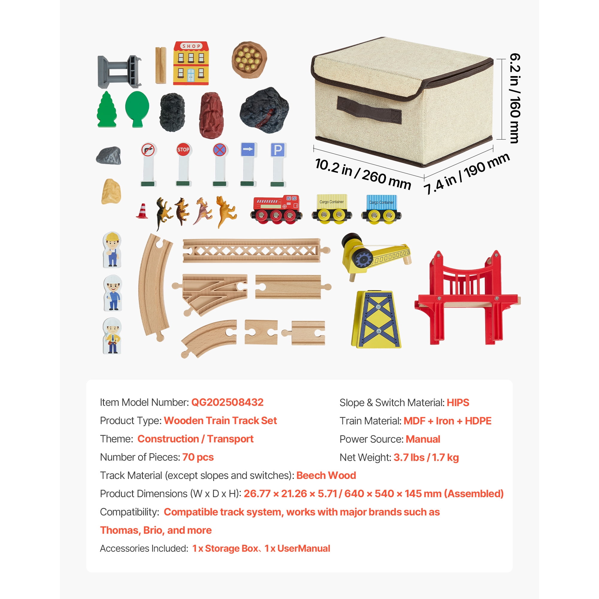KFFKFF 70PCS Wooden Train Set with Magnetic Crane, Wooden Railway Track Toy for Kids Ages 3-8, Construction Crane Playset, Compatible with Popular Brands,Ideal Christmas or Birthday Gift for Toddlers