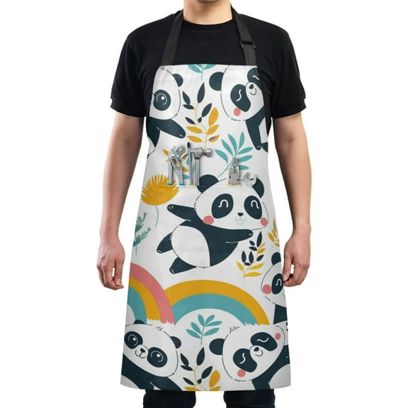 Cute Panda and Flower Kitchen Apron with 2 Pockets Adjustable waterproof Cooking Aprons for Women Men Chef