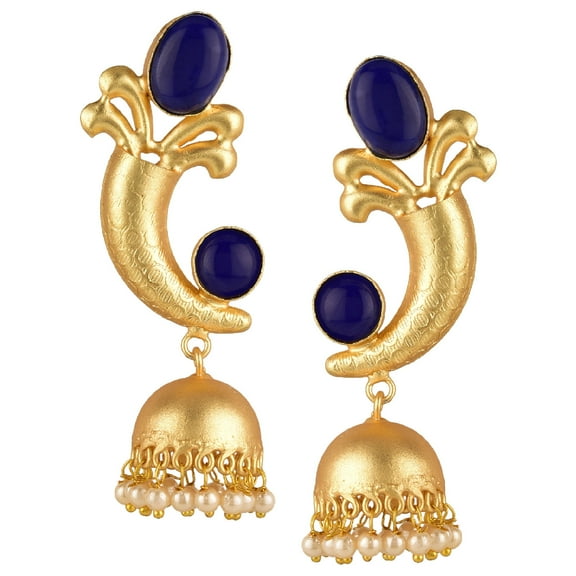 Efulgenz Indian Bollywood 14K Gold Plated Crystal Kundan Pearl Tassel Wedding Jhumki Big Earrings Jewelry Set (Style-Purple)