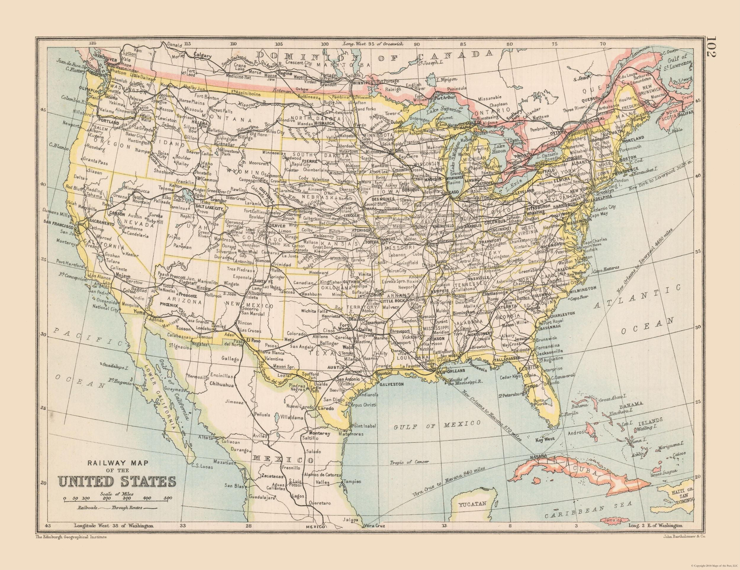 United States Railway Map - Bartholomew 1892 - 29.87 x 23 - Walmart.com ...