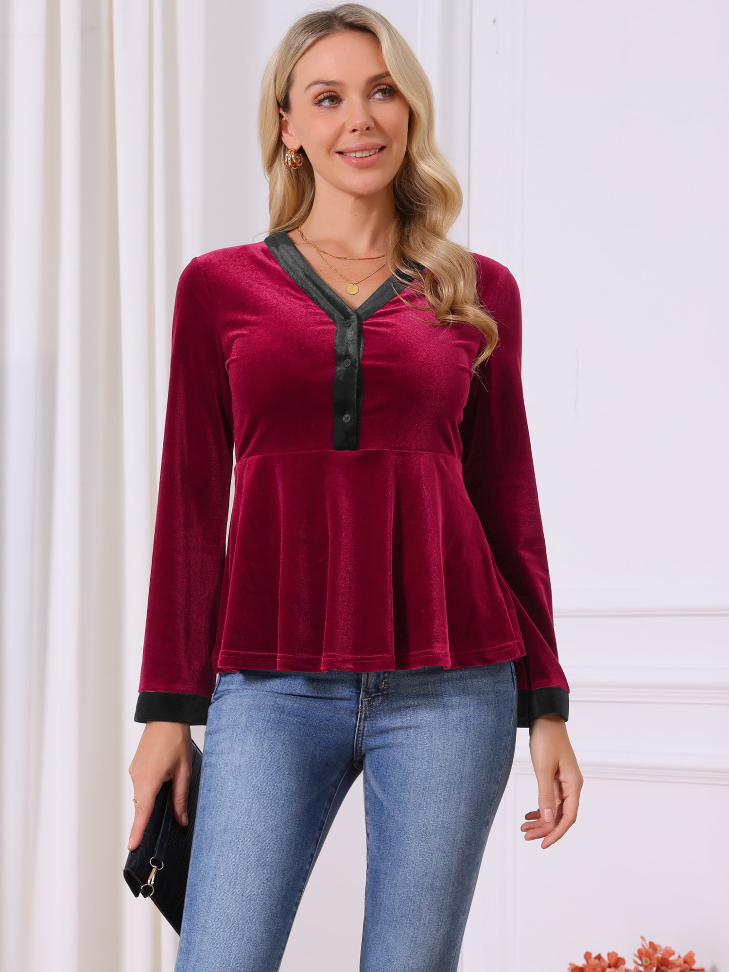 DARING DIVA Women's Velvet V Neck Long Sleeve Babydoll Peplum Top L Burgundy