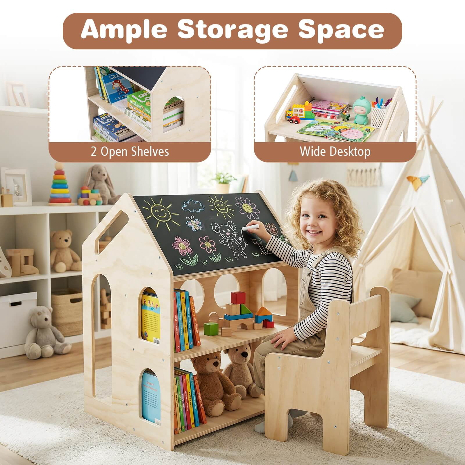 Costway House-shaped Kids Table & Chair Set with Top Chalkboard, 2 Open Storage Shelves Natural + Black