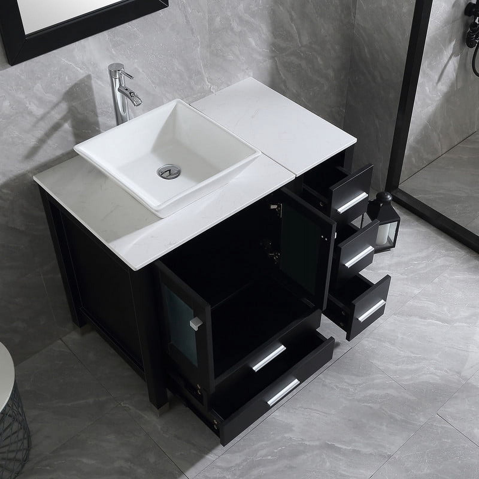 Walsport Bathroom Vanity,36" Stand Pedestal Bathroom Cabinet Top Square Ceramic Vessel Sink Faucet Drain Combo with Mirror Vanities Set,Black