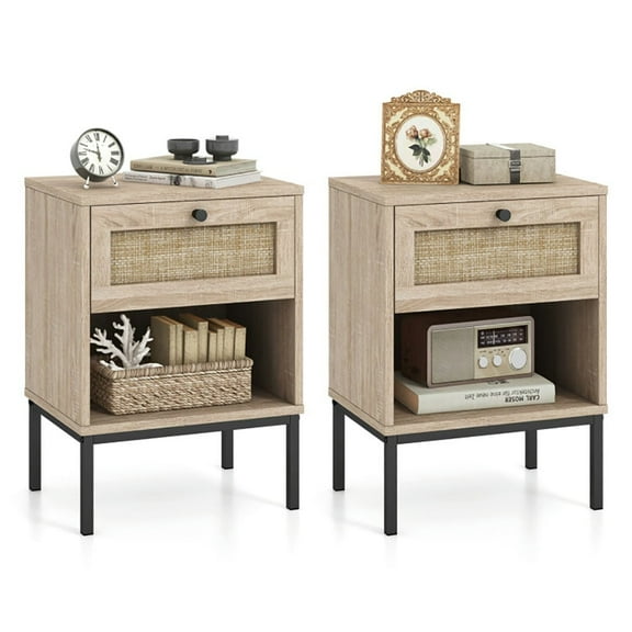 Kepooman Nightstand,Bedside End Table,Rattan Nightstand Boho End Table with Rattan Drawer and Open Shelf Set of 2-Oak