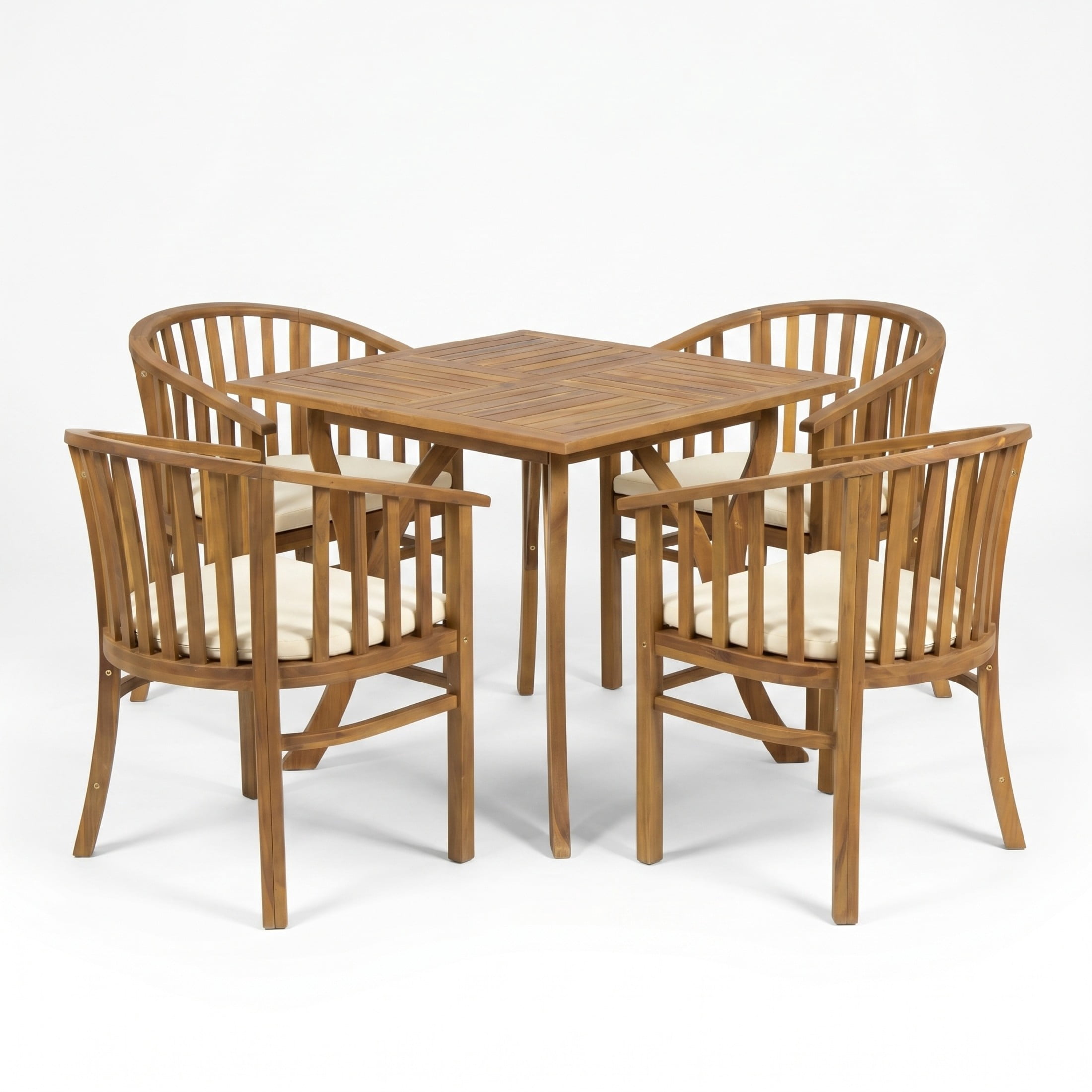 Christopher Knight Home 5-Piece Wood Patio Dining Set, Square Table & Chairs with Cushions, Teak+Cream