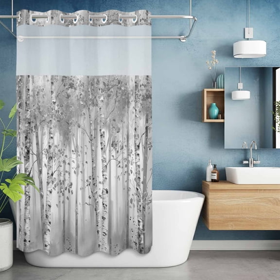 No Hook Shower Curtain with Snap in Liner, Abstract Grey Forest Landscape Waterproof Bath Curtain Double Layers with See Through Top Window, Summer Botanical Artwork Hotel Shower Curtains 36x72in
