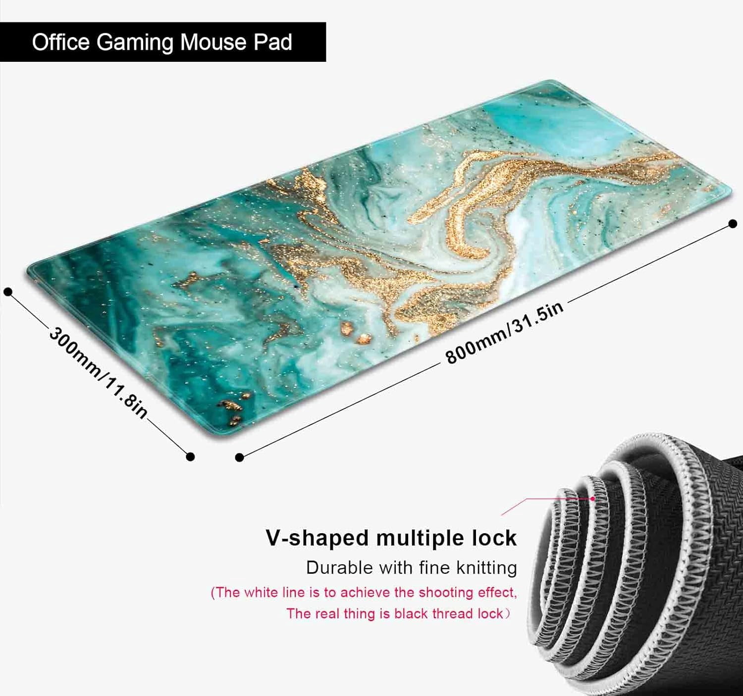 Modern Teal Green & Gold Marble Texture Art Mouse Pad - 31.5x11.8 Inch, Extended Gaming Mousepad with Stitched Edges, Rubber Base, Ideal for Work, Office, Home