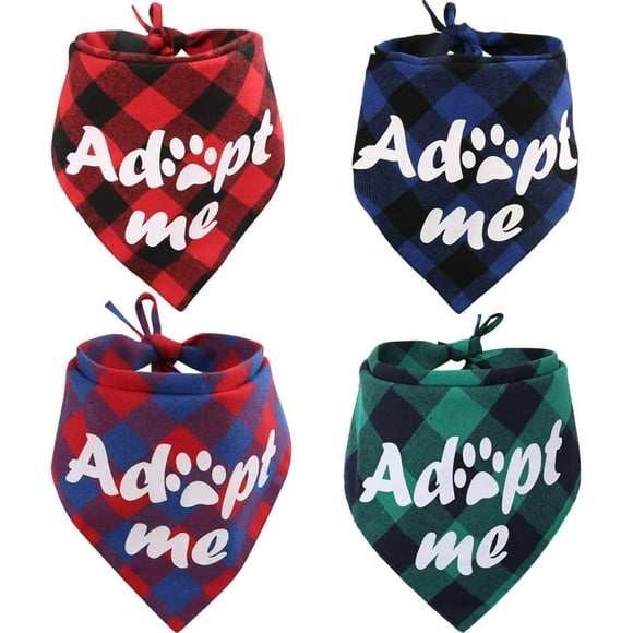 KZHAREEN 4 Pack Adopt Me Dog Bandana Printing Plaid Reversible Triangle Bibs Scarf Accessories for Dogs Cats