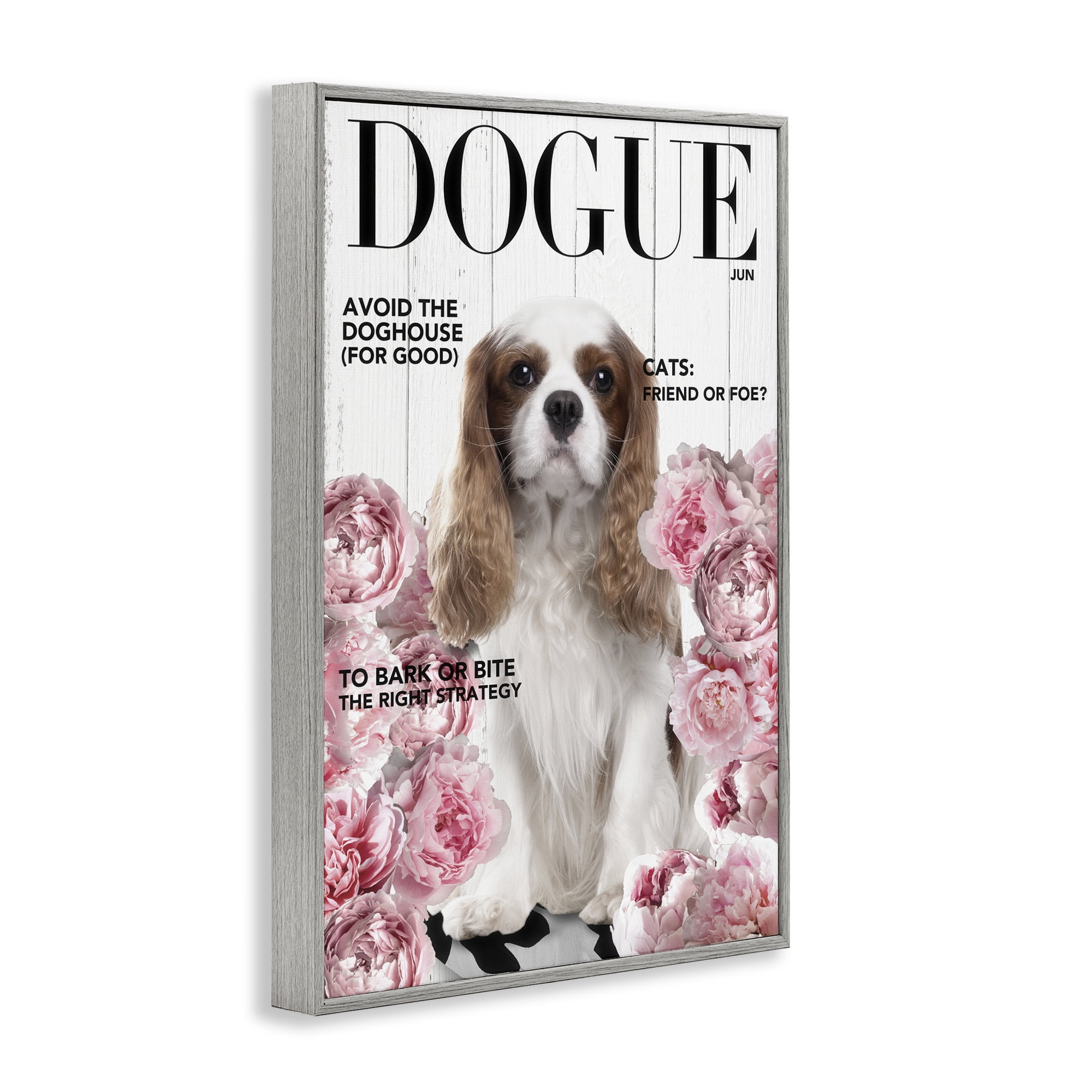 Funny Floral Dog Magazine Gray Framed Giclee Art, design by Sasha