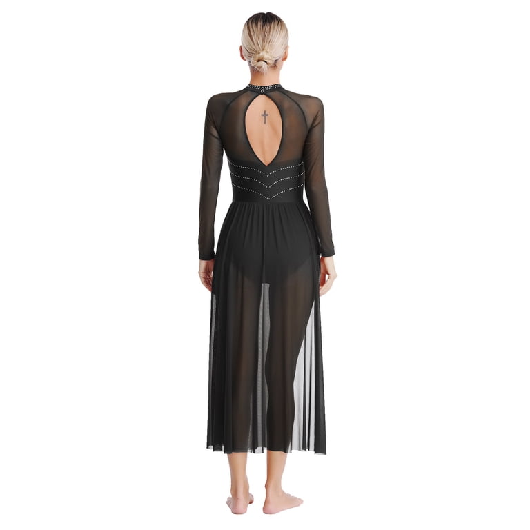 Aiihoo Womens Lyrical Dance Dress Glittery Rhinestones Sheer Mesh Flowy  Split Maxi Dress Leotard Dresses Black M - Walmart.com