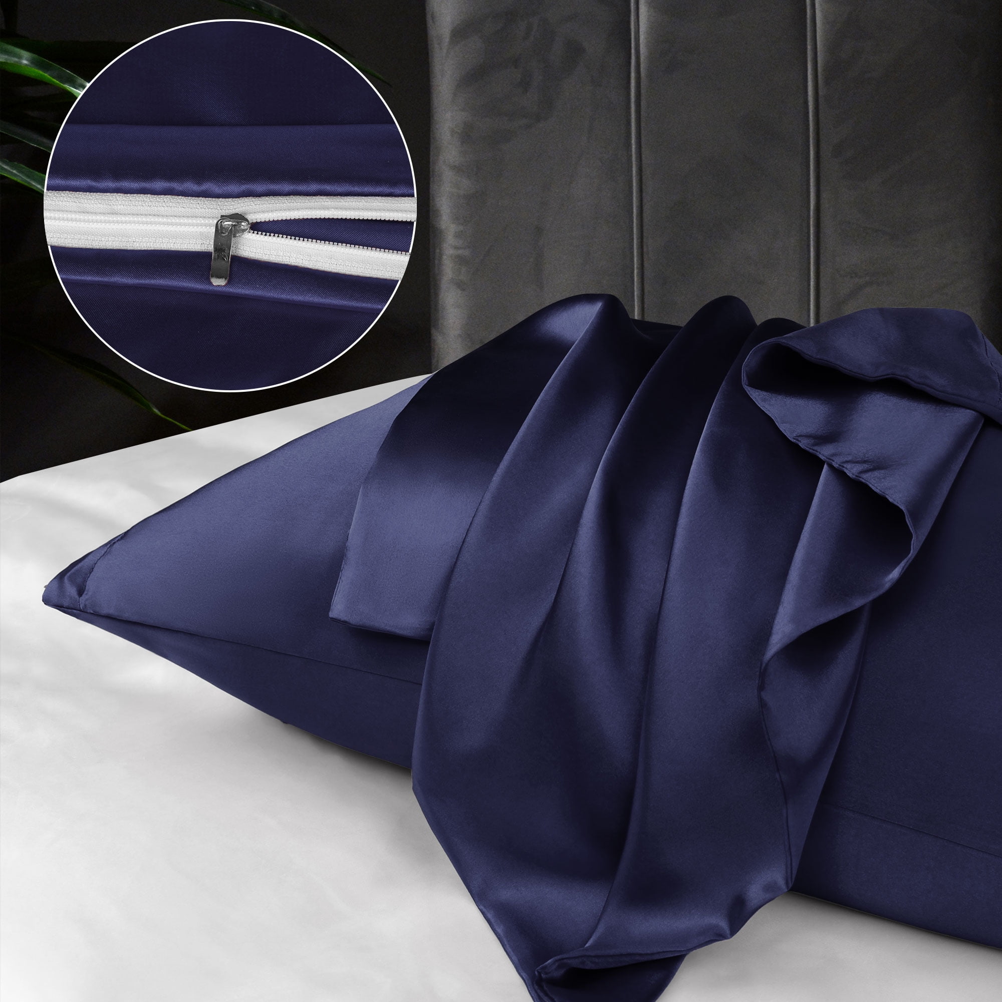 Unique Bargains Satin Set of 2 Zipper Closure Pillowcases Navy 20"x26"