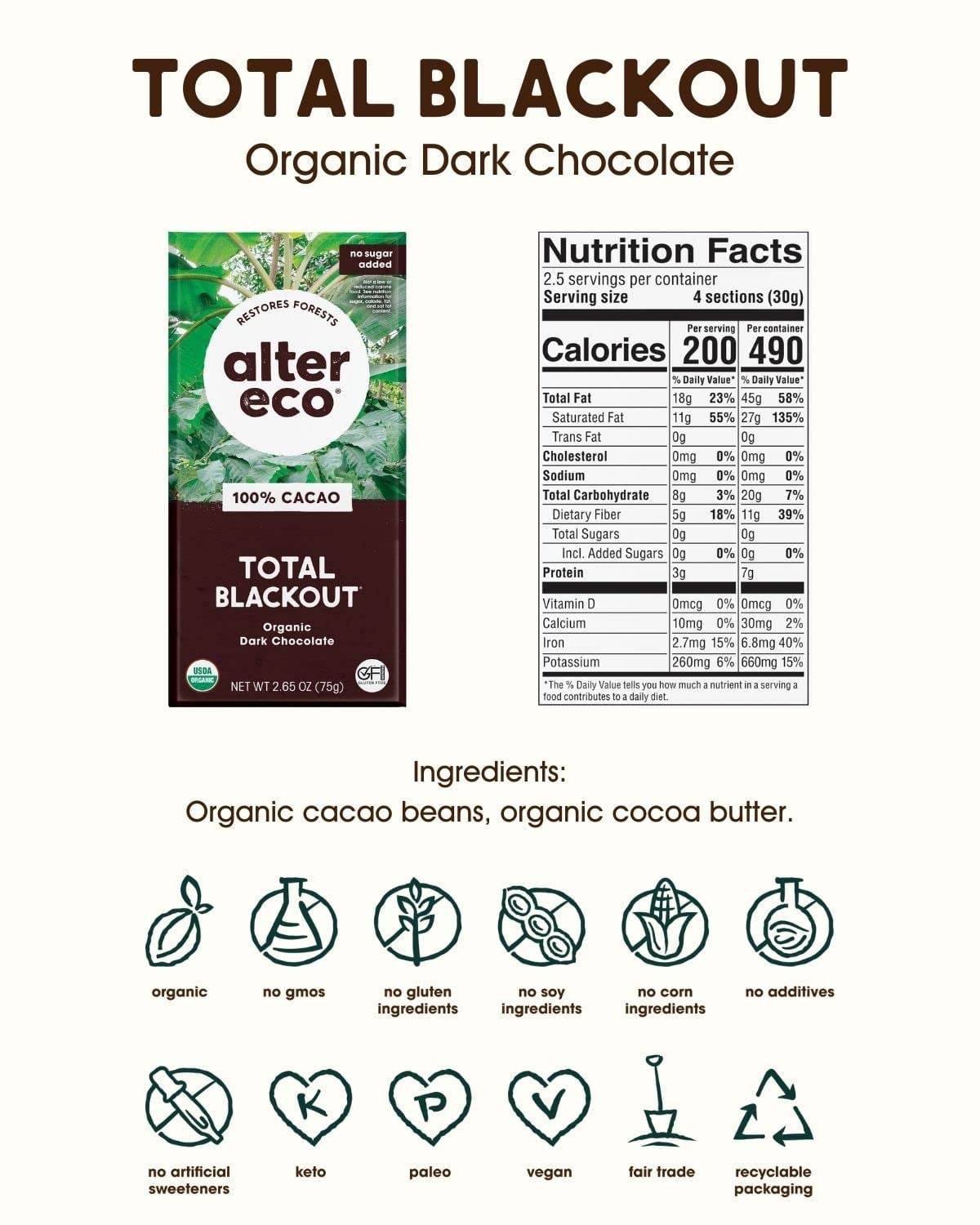 (Pack of 12) Alter Eco Total Blackout 100% Cacao Organic Dark Chocolate, 2.65 oz