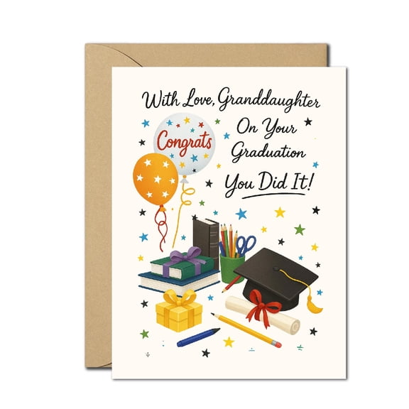 Granddaughter Graduation Card – Congrats You Did It – Sweet & Cheerful Graduation Greeting Card with Balloons & Cap – Perfect for Granddaughter's Graduation Day