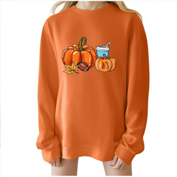 QTBIUQ Women Casual Loose Thanksgiving-Print Round-Neck Drop-Shoulder Long-Sleeved Sweater Top Orange