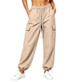 thumbnail image 3 of CaComMARK PI Parachute Pants for Women Baggy Elastic Waisted Lightweight Cargo Pants Adjustable Cuffs Hiking Joggers with Pockets Khaki, 3 of 5