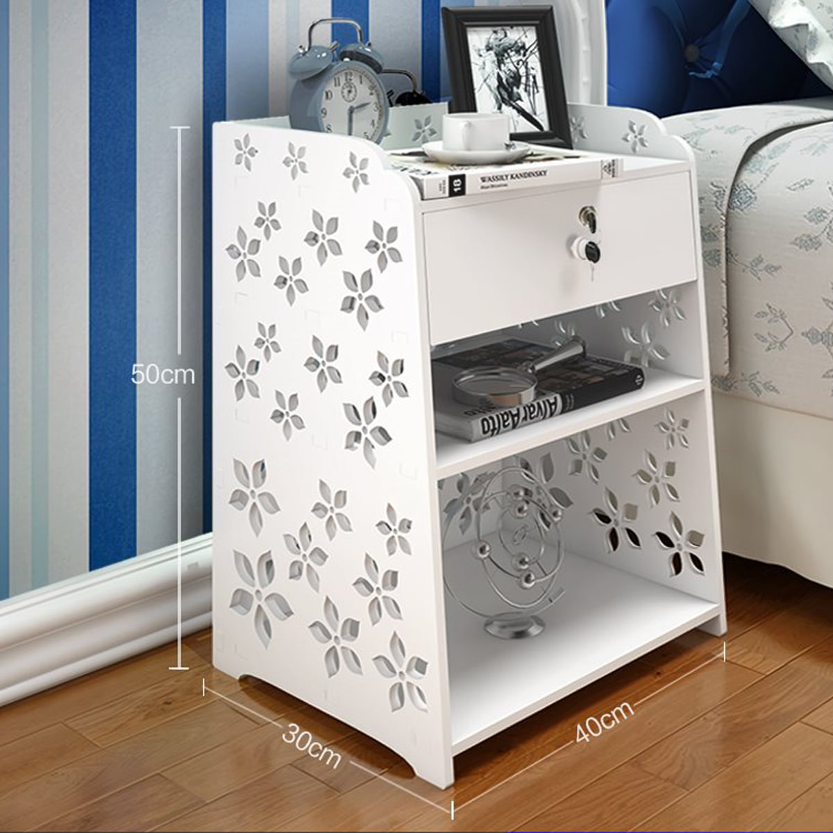 White Carved Flower Nightstand,Bedroom Storage Shelf, Side End Table