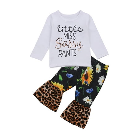 

Mxiqqpltky Babys Leopard Printed Suit Lettering Top Elastic Head High Waist Bell-bottom Trousers