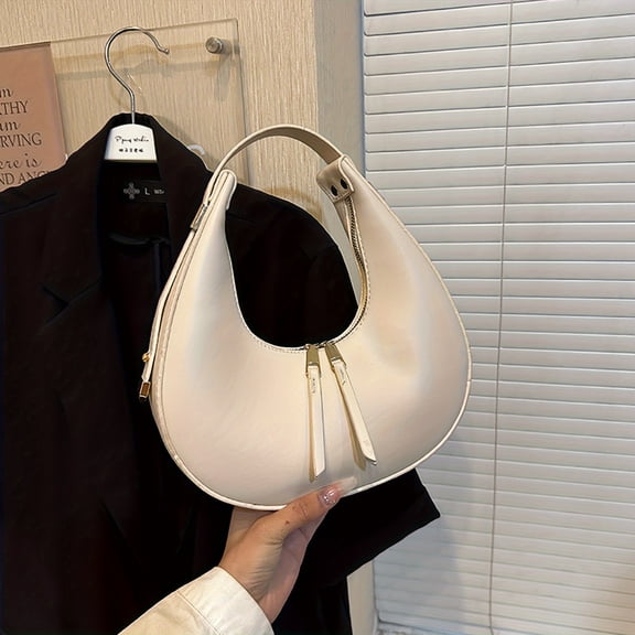 HMSHA Vintage Chic Crescent Shaped Handbag - PU Leather, Solid Color, All-Match Zipper, Underarm Design, Retro Baguette Style, Simple and Spacious Interior, Perfect for Everyday Use