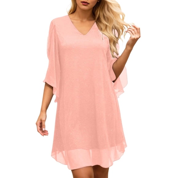 QHFBli Women's Sparkly Cocktail Dresses for Wedding Guest Flutter Sleeve Loose Mesh Party Dress Pink XXL