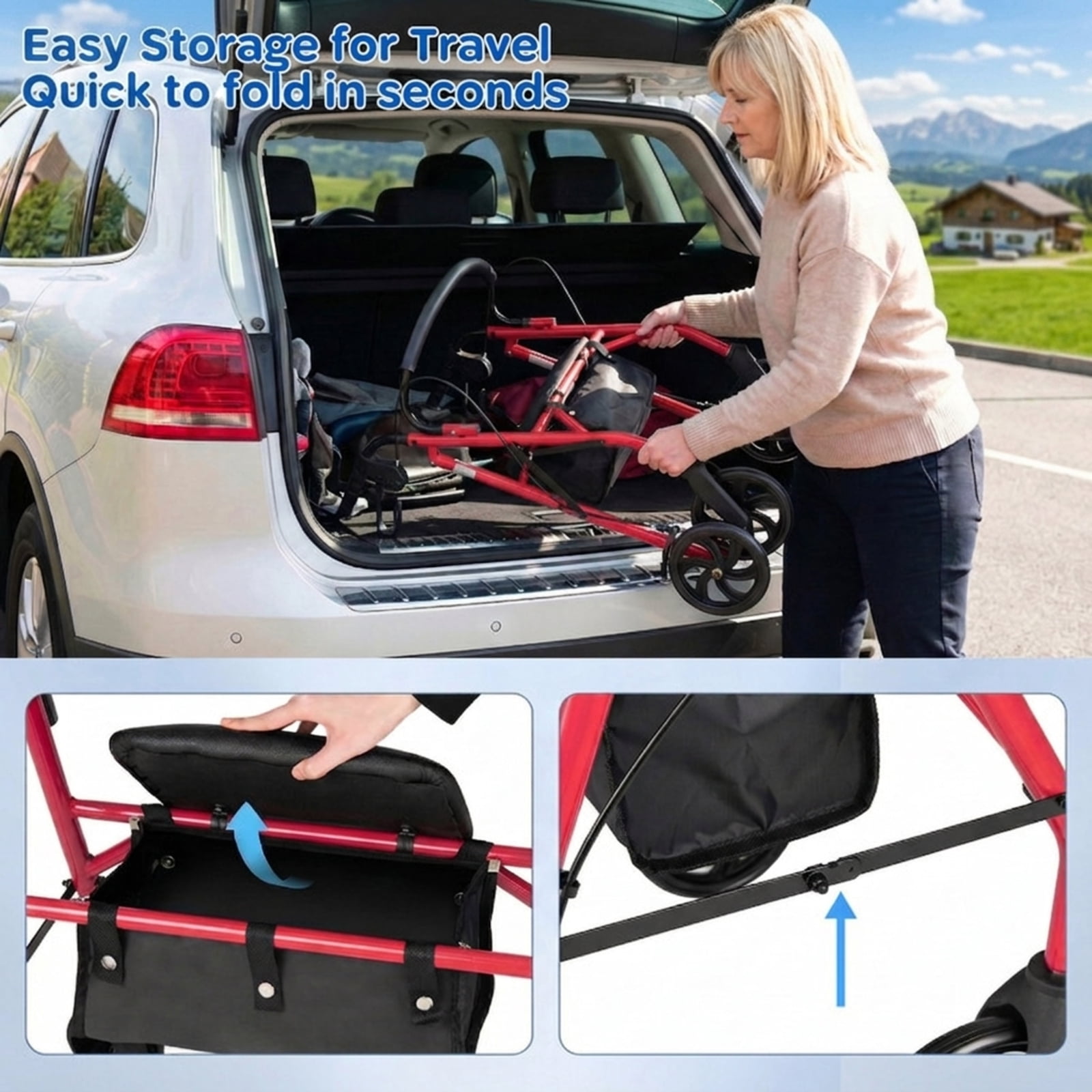 Vebreda Folding Rollator Walker with Padded Seat Backrest Under Seat Storage Bag and Height Adjustable Handles for Seniors and Elderly, Red
