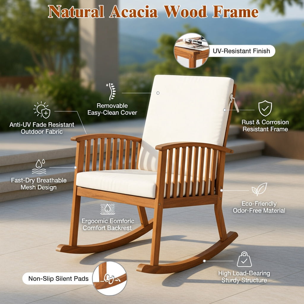 Hommoo 2-Piece Acacia Wood Rocking Chair & Side Table Set with Removable Cushions, Teak Outdoor Patio Furniture for Deck, Backyard, Balcony, and Indoor Living Room, Natural