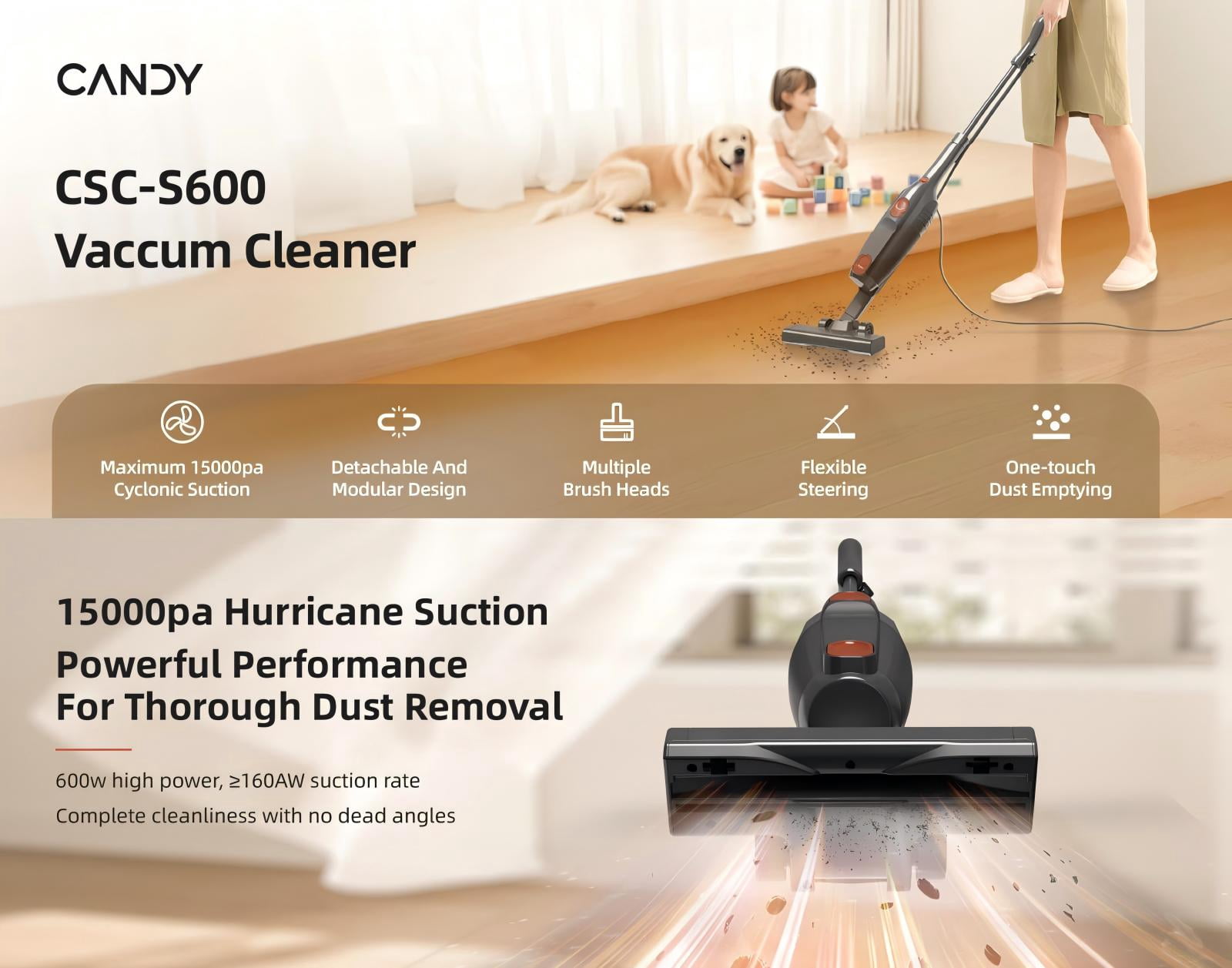 Candy® Corded Stick Vacuum Cleaner, 3-in-1 Handheld Vacuum with Powerful Suction, One-Click Dust Disposal, 0.8L Large Capacity, for Hard Floors & Ceramic Tile, Easy Clean