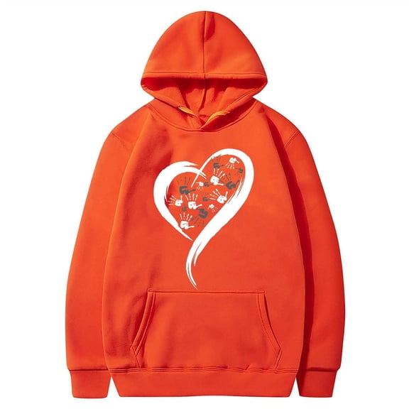 SYMOID Womens Orange Pullover Hoodie - 100% Polyester, Heart & Handprint Graphic, Kangaroo Pocket, Cozy for Fall Winter, Adjustable Drawstring (S-XL),Size S