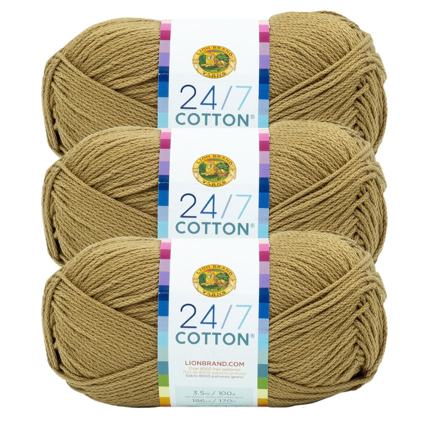 Fil Lion Brand 24/7 Cotton® Fil de Coton #4 Moyen 140g/273m 3-Paquete